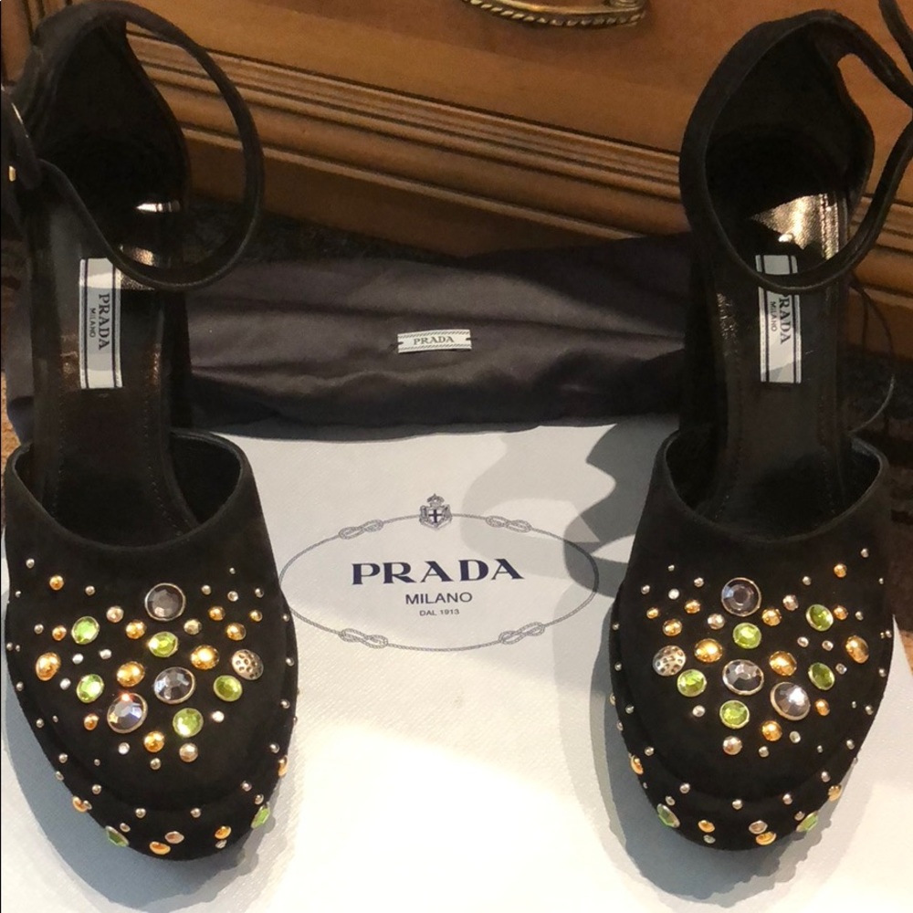 Authentic PRADA black suede studded heels